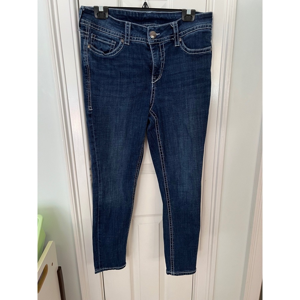 Seven7 Women Dark Wash Skinny Jeans Thick Stitch Flap Pocket Blue Denim Size 12